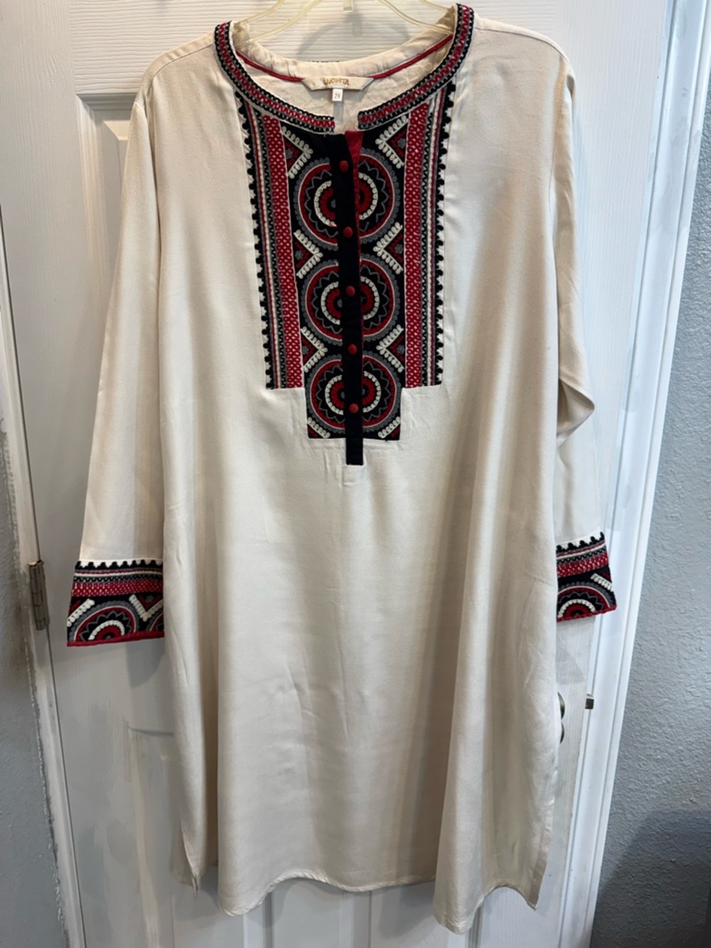 Embroidered Ivory Tunic Dress with Red & Black embroidery